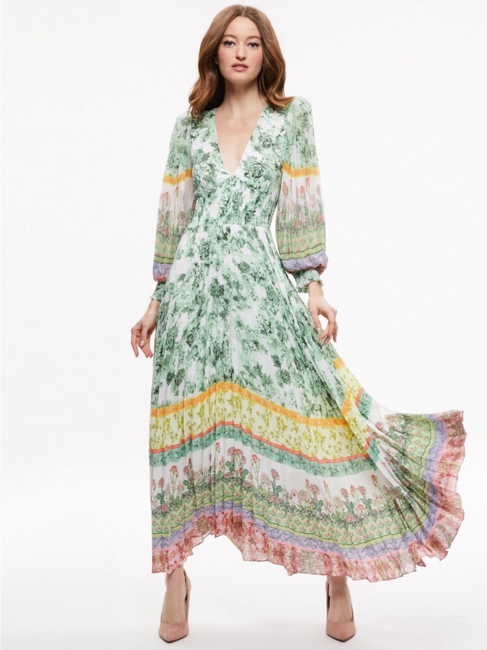 Alice + Olivia Green Multi Floral Pleated Maxi Dress NWT